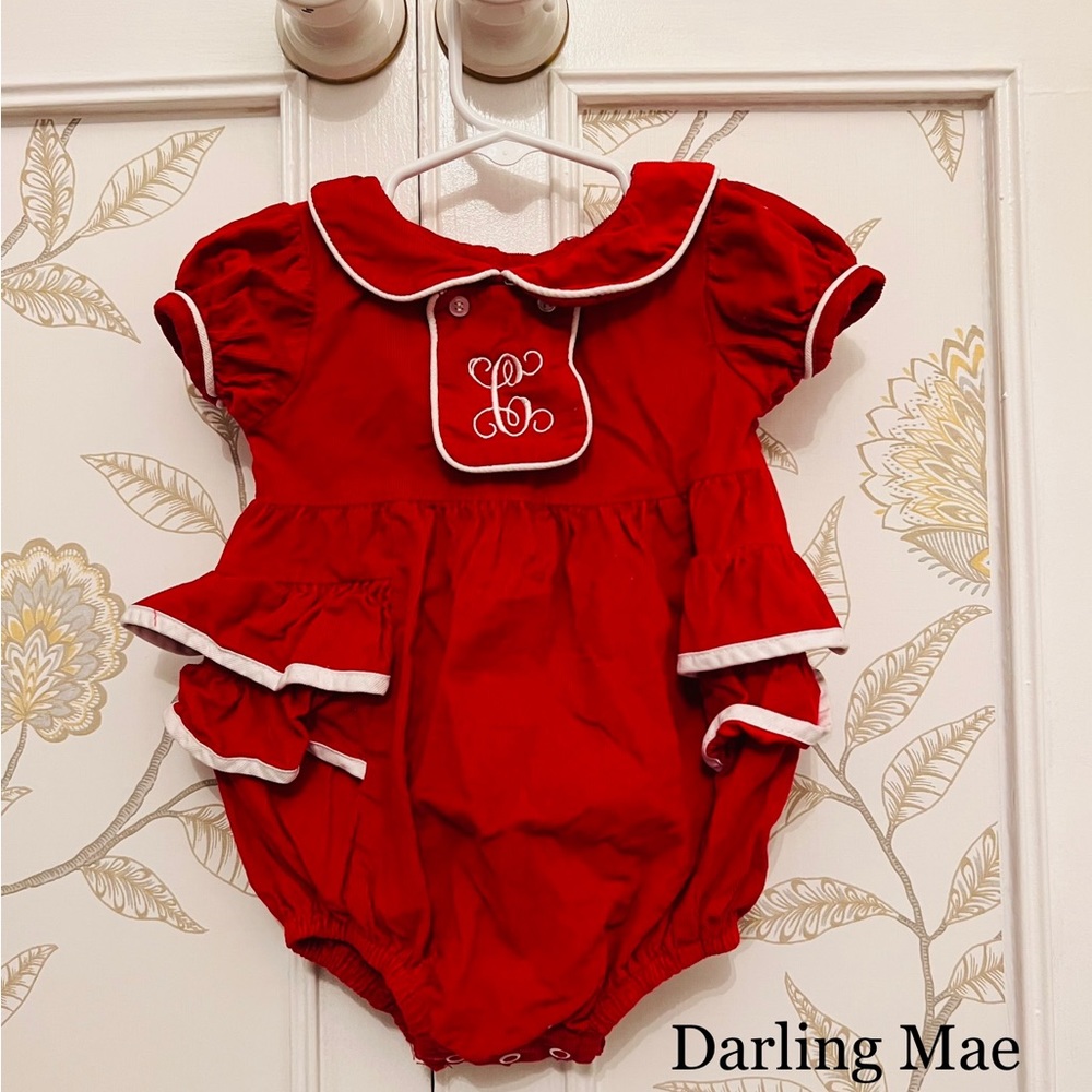 Darling Mae “C” Embroidered Red Ruffle Corduroy Bubble